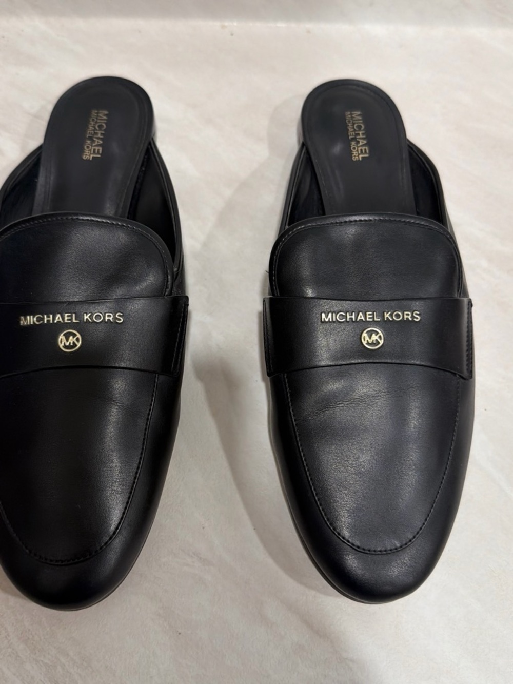 Michael Kors Black Leather Slip-On Mule Loafers with Gold Logo